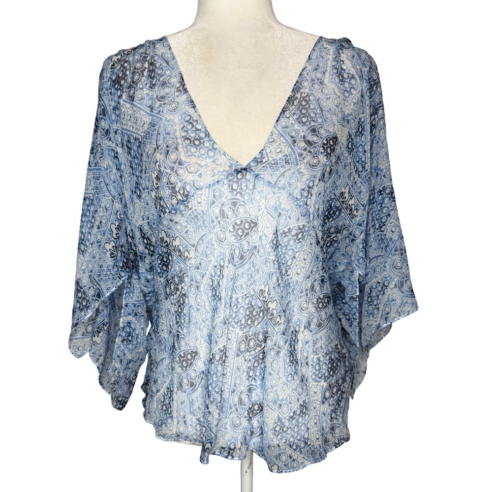 LRL Ralph Lauren Size 14 %100 Silk Sheer Chiffon Babydoll Blouse Top Swim Cover - Picture 4 of 7